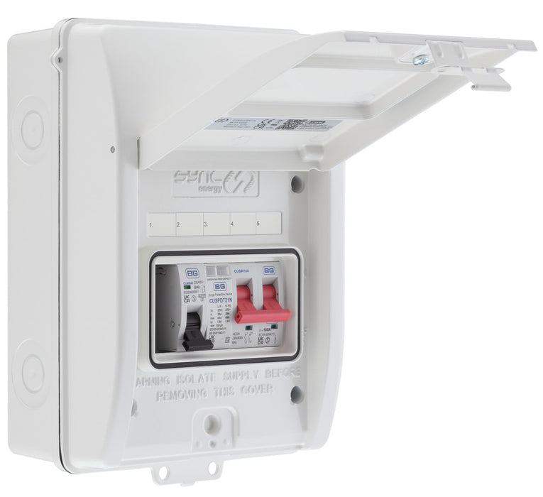 Sync Energy CFEV6W 5 Module IP65 Weatherproof White Metal EV Charger Circuit Protection with 100A Main Switch, 40A B Curve MCB & Type 2 SPD - westbasedirect.com