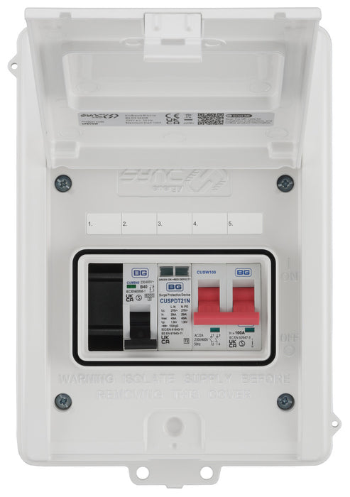 Sync Energy CFEV6W 5 Module IP65 Weatherproof White Metal EV Charger Circuit Protection with 100A Main Switch, 40A B Curve MCB & Type 2 SPD - westbasedirect.com