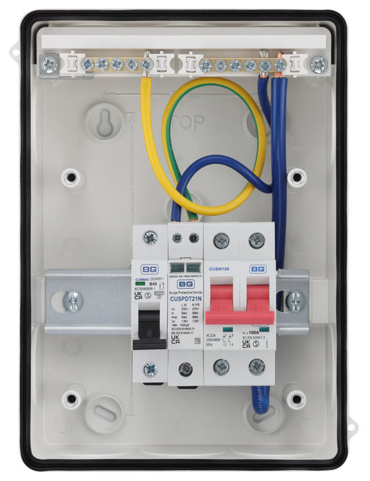Sync Energy CFEV6W 5 Module IP65 Weatherproof White Metal EV Charger Circuit Protection with 100A Main Switch, 40A B Curve MCB & Type 2 SPD - westbasedirect.com