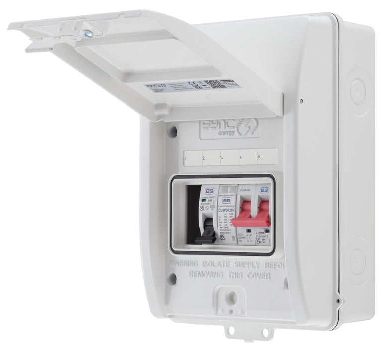 Sync Energy CFEV6W 5 Module IP65 Weatherproof White Metal EV Charger Circuit Protection with 100A Main Switch, 40A B Curve MCB & Type 2 SPD - westbasedirect.com