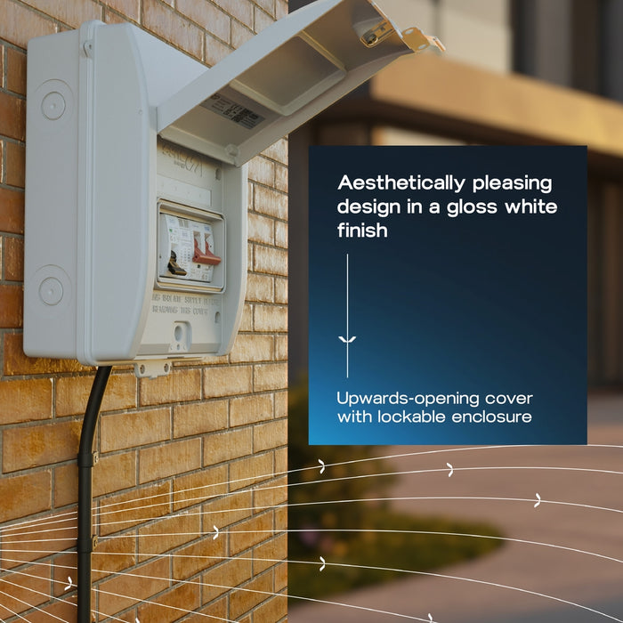Sync Energy CFEV6W 5 Module IP65 Weatherproof White Metal EV Charger Circuit Protection with 100A Main Switch, 40A B Curve MCB & Type 2 SPD - westbasedirect.com