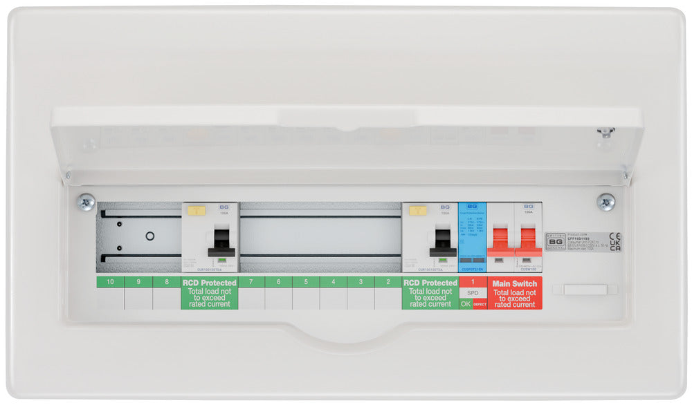 BG Fortress CFF16D11S9 16 Module 9 Way Unpopulated Fully Recessed Dual RCD Consumer Unit with 100A Main Switch, 2x 100A Type A 30mA RCD & 1x SPD