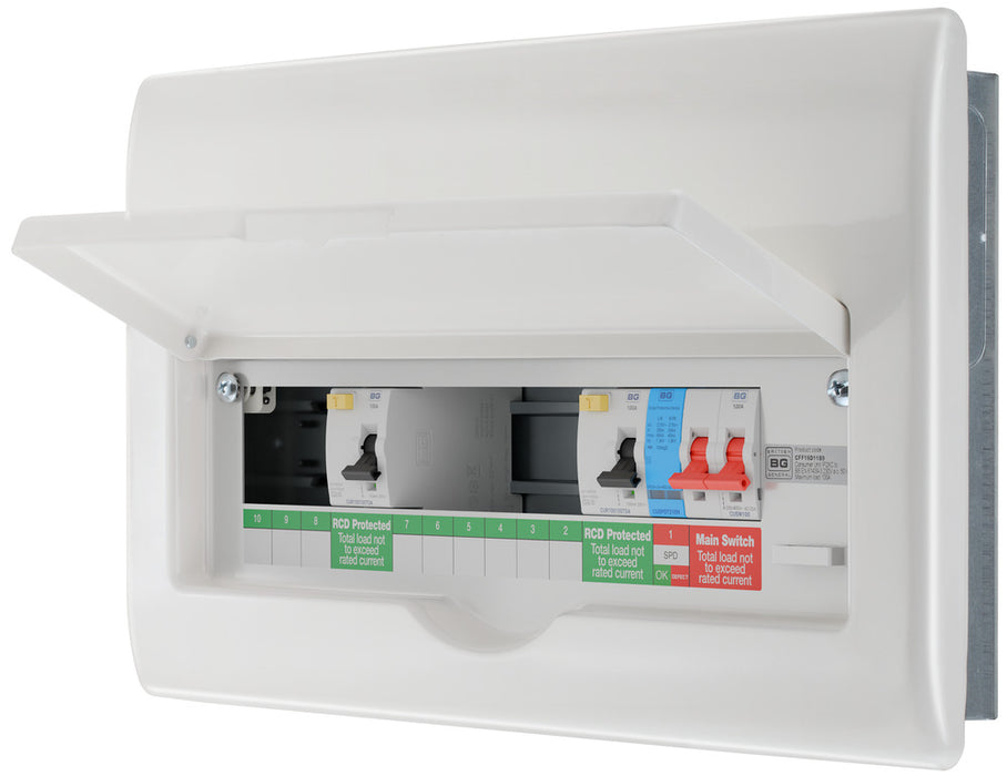 BG Fortress CFF16D11S9 16 Module 9 Way Unpopulated Fully Recessed Dual RCD Consumer Unit with 100A Main Switch, 2x 100A Type A 30mA RCD & 1x SPD