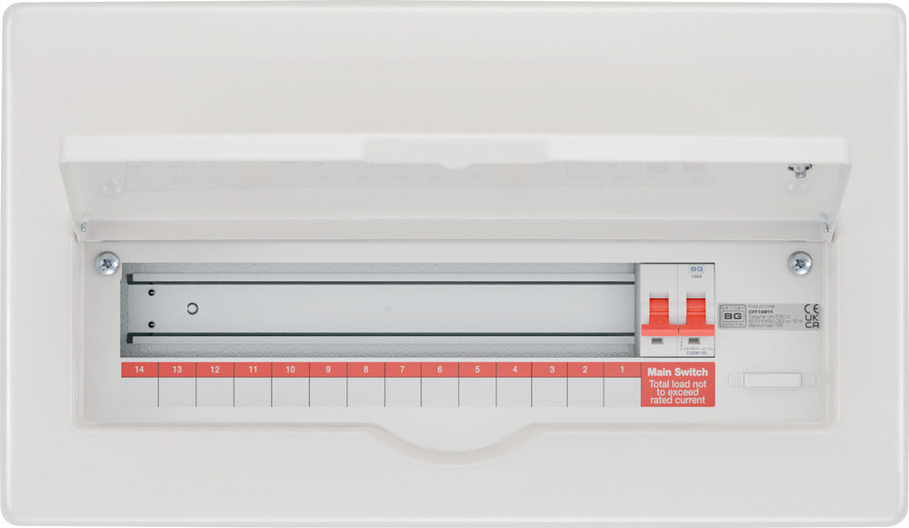 BG Fortress CFF16M14 16 Module 14 Way Unpopulated Fully Recessed Metal Consumer Unit with 100A Main Switch