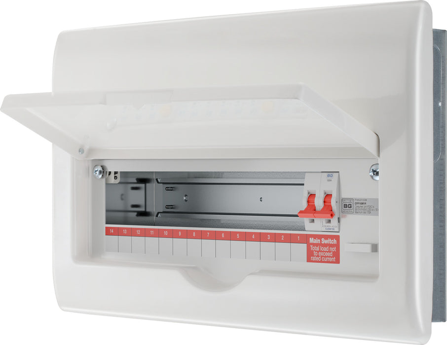 BG Fortress CFF16M14 16 Module 14 Way Unpopulated Fully Recessed Metal Consumer Unit with 100A Main Switch