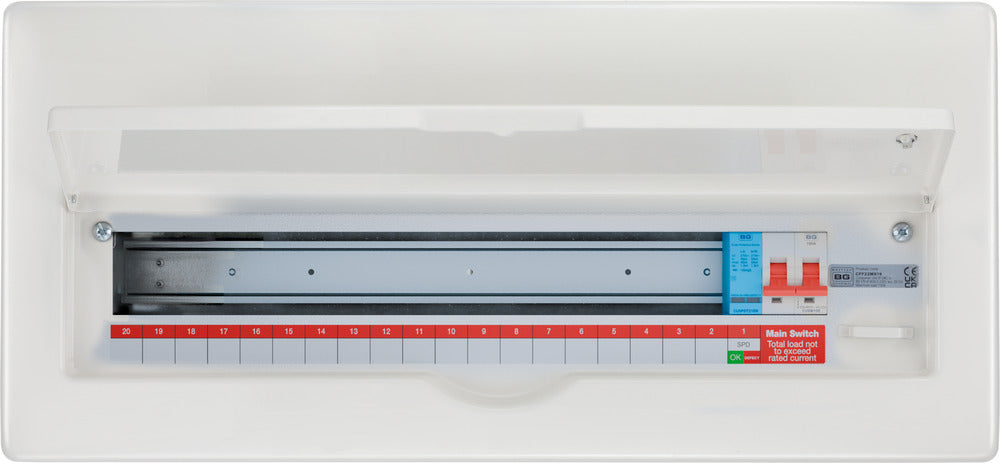 BG Fortress CFF22MS19 22 Module 19 Way Unpopulated Fully Recessed Metal Consumer Unit with 100A Main Switch & 1x SPD