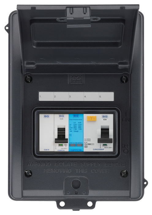 BG Fortress CFO5HP2G 5 Module 2 Way IP65 Populated Heat Pump Consumer Unit with 1x 63A Type B 30mA RCD, 1x SPD & 1x 20A C Curve MCB