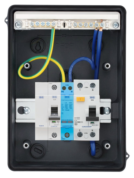 BG Fortress CFO5HP2G 5 Module 2 Way IP65 Populated Heat Pump Consumer Unit with 1x 63A Type B 30mA RCD, 1x SPD & 1x 20A C Curve MCB