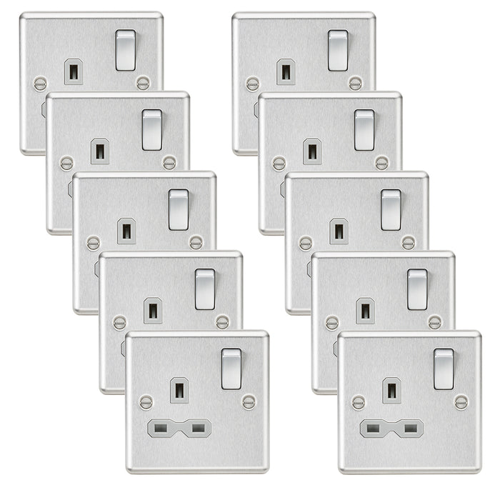 Knightsbridge CL7BCGx10 Rounded Edge 13A 1G DP Switched Socket - Brushed Chrome + Grey Insert (10 Pack)