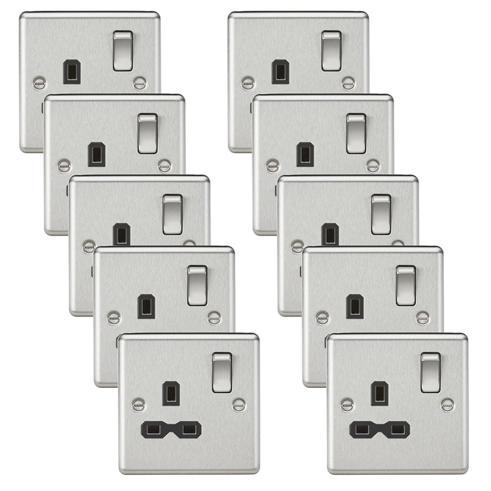 Knightsbridge CL7BCx10 Rounded Edge 13A 1G DP Switched Socket - Brushed Chrome + Black Insert (10 Pack)