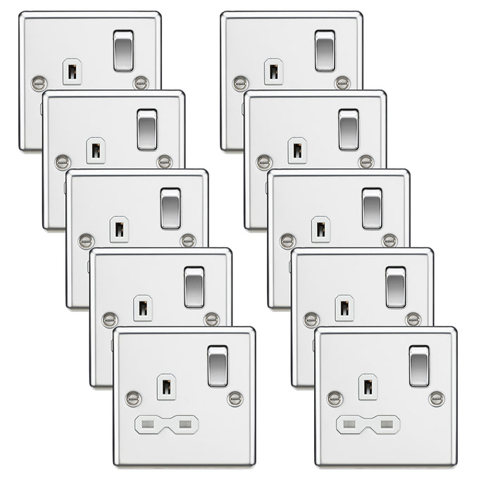 Knightsbridge CL7PCWx10 Rounded Edge 13A 1G DP Switched Socket - Polished Chrome + White Insert (10 Pack)