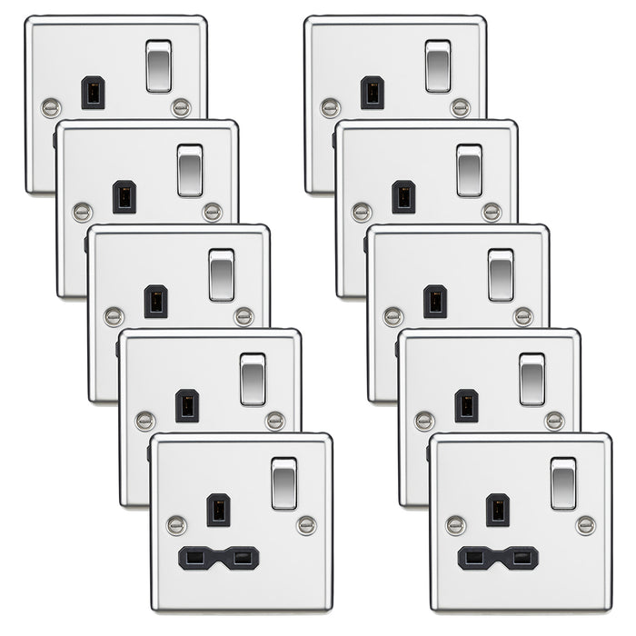 Knightsbridge CL7PCx10 Rounded Edge 13A 1G DP Switched Socket - Polished Chrome + Black Insert (10 Pack)