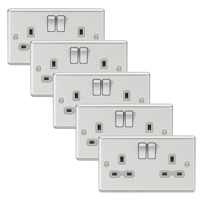 Knightsbridge CL9BCGx5 Rounded Edge 13A 2G DP Switched Socket - Brushed Chrome + Grey Insert (5 Pack)
