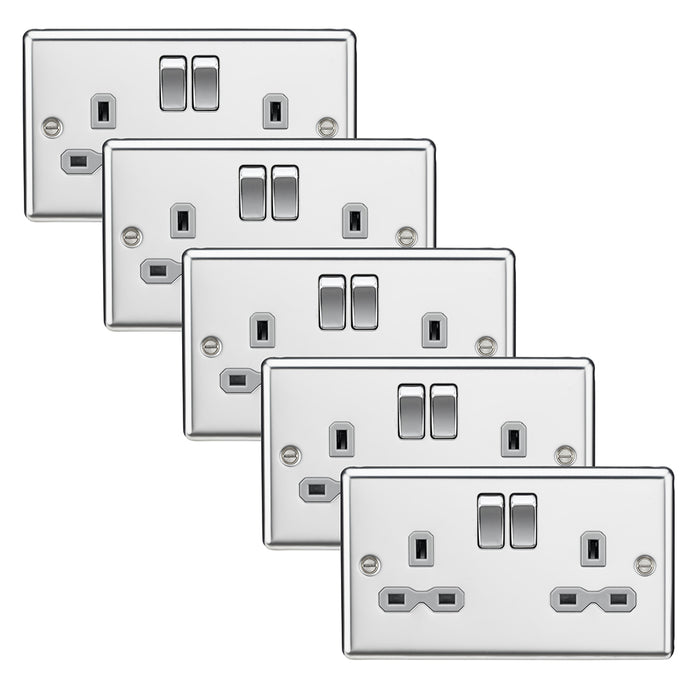 Knightsbridge CL9PCGx5 Rounded Edge 13A 2G DP Switched Socket - Polished Chrome + Grey Insert (5 Pack)