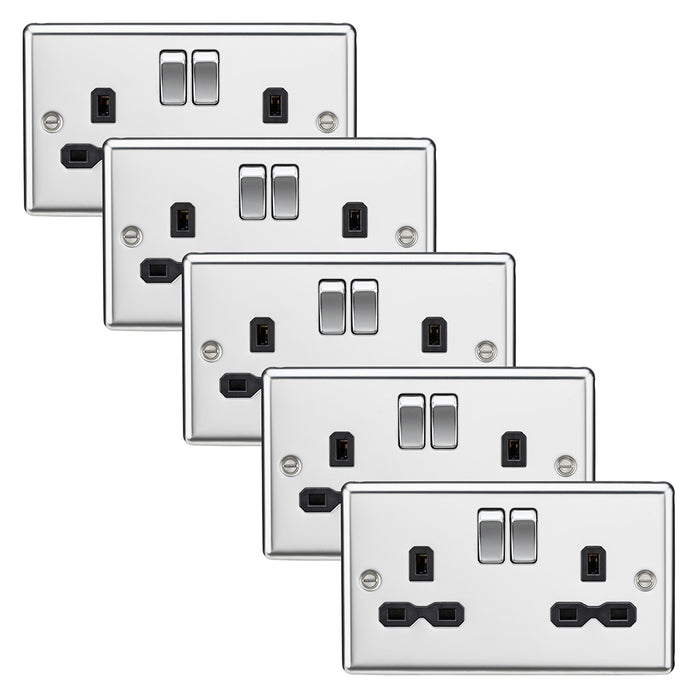 Knightsbridge CL9PCx5 Rounded Edge 13A 2G DP Switched Socket - Polished Chrome + Black Insert (5 Pack)