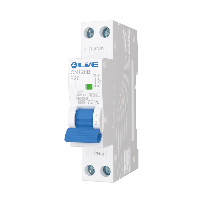 LIVE Electrical CN120B 1P+N 20A B Curve 6kA MCB