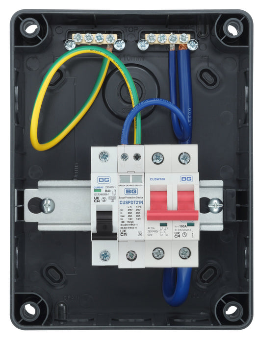 BG CP5MPS1G 5 Module IP66 Weatherproof Grey Plastic EV Charger Circuit Protection with 100A Main Switch, 40A B Curve MCB & Type 2 SPD