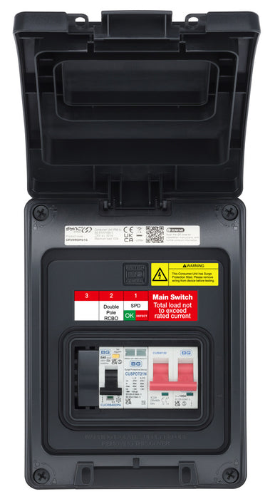 BG CP5MRDPS1G 5 Module IP66 Weatherproof Grey Plastic EV Charger Circuit Protection with 100A Main Switch, 40A 30mA Type A DP RCBO & Type 2 SPD