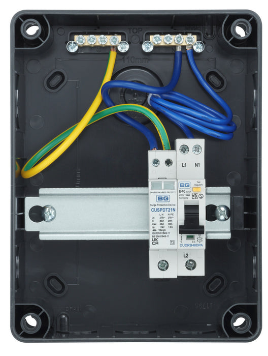 BG CP5RDPS3G 5 Module IP66 Weatherproof Grey Plastic EV Charger Circuit Protection with 40A 30mA Type A DP RCBO & Type 2 SPD