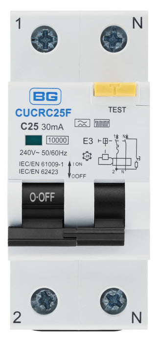 BG CUCRC25F 25A 30mA C Curve Type F Double Pole Compact RCBO Bi-Directional