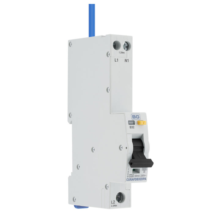 BG CURAFDB32DPA 32A 30mA Single Module Double Pole B Curve Bi-Directional Type A AFDD - westbasedirect.com