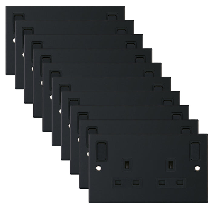 Selectric DSL11-85 5M 2 Gang 13A Switched DP Socket Outlet with Outboard Rockers & 2 Earth Terminals - Matt Black, Black Insert (Pack 10)