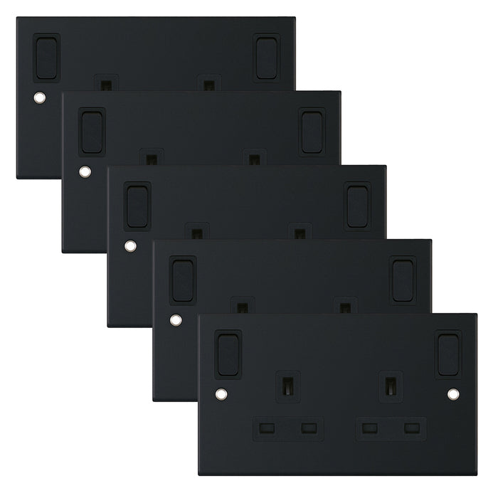 Selectric DSL11-85 5M 2 Gang 13A Switched DP Socket Outlet with Outboard Rockers & 2 Earth Terminals - Matt Black, Black Insert (Pack 5)