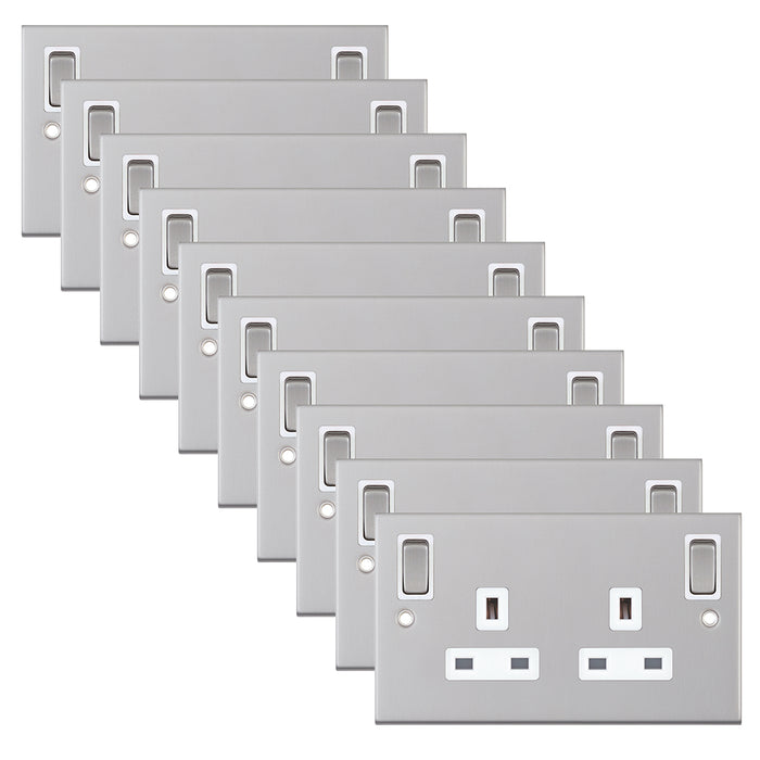 Selectric DSL185 5M 2 Gang 13A Switched DP Socket Outlet with Outboard Rockers & 2 Earth Terminals - Satin Chrome, White Insert (Pack 10)