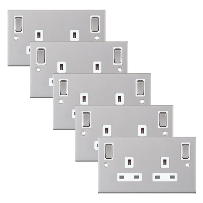 Selectric DSL185 5M 2 Gang 13A Switched DP Socket Outlet with Outboard Rockers & 2 Earth Terminals - Satin Chrome, White Insert (Pack 5)