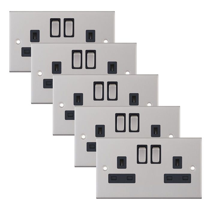 Selectric DSL222 5M 2 Gang 13A Switched DP Socket Outlet with 2 Earth Terminals - Satin Chrome, Black Insert (Pack 5)