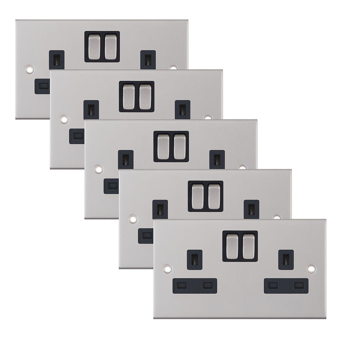 Selectric DSL251 5M 2 Gang 13A Switched SP Socket Outlet - Satin Chrome, Black Insert (Pack 5)