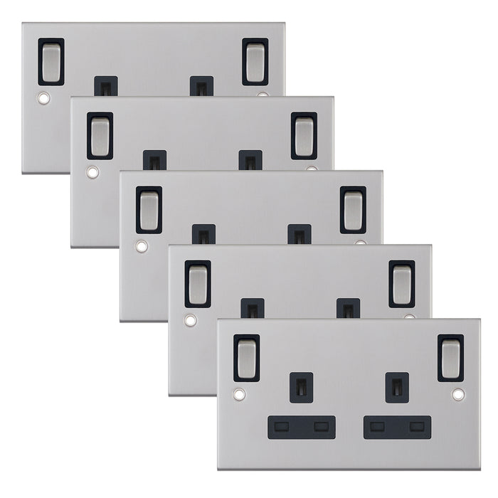 Selectric DSL285 5M 2 Gang 13A Switched DP Socket Outlet with Outboard Rockers & 2 Earth Terminals - Satin Chrome, Black Insert (Pack 5)
