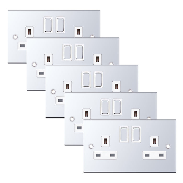 Selectric DSL322 5M 2 Gang 13A Switched DP Socket Outlet with 2 Earth Terminals - Polished Chrome, White Insert (Pack 5)