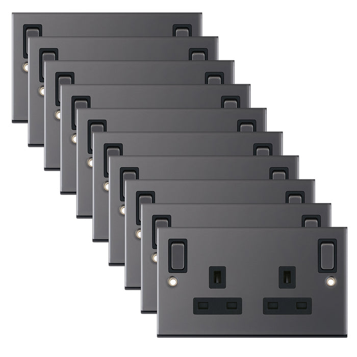 Selectric DSL485 5M 2 Gang 13A Switched DP Socket Outlet with Outboard Rockers & 2 Earth Terminals - Black Nickel, Black Insert (Pack 10)