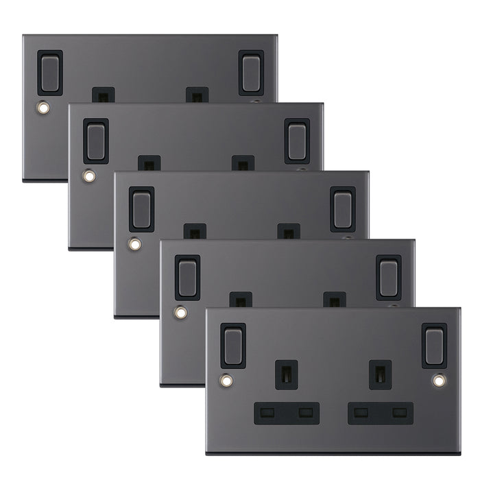 Selectric DSL485 5M 2 Gang 13A Switched DP Socket Outlet with Outboard Rockers & 2 Earth Terminals - Black Nickel, Black Insert (Pack 5)