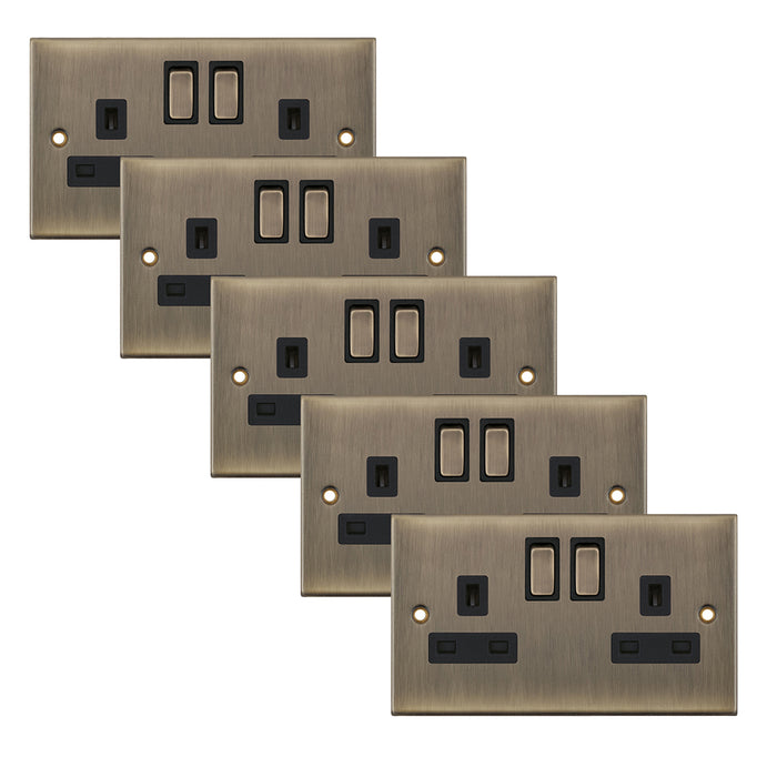 Selectric DSL622 5M 2 Gang 13A Switched DP Socket Outlet with 2 Earth Terminals - Antique Brass, Black Insert (Pack 5)