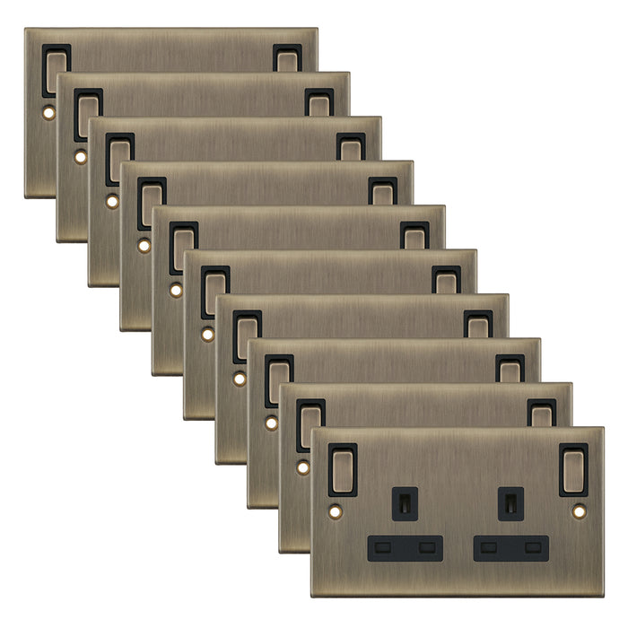 Selectric DSL685 5M 2 Gang 13A Switched DP Socket Outlet with Outboard Rockers & 2 Earth Terminals - Antique Brass, Black Insert (Pack 10)