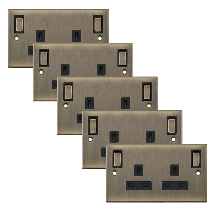 Selectric DSL651 5M 2 Gang 13A Switched SP Socket Outlet - Antique Brass, Black Insert (Pack 5)