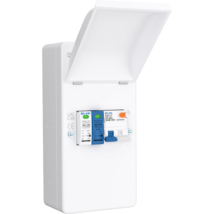 LIVE Electrical EMU4-SNR 4 Way IP40 Metal EV Charging Unit with 40A Type A DP RCBO C Curve & 20/40kA 1P+N Surge Protective Device
