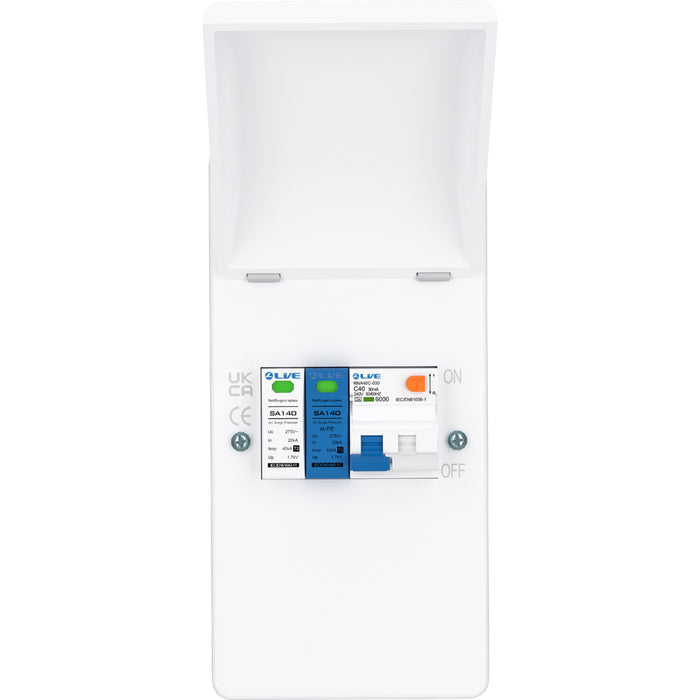 LIVE Electrical EMU4-SNR 4 Way IP40 Metal EV Charging Unit with 40A Type A DP RCBO C Curve & 20/40kA 1P+N Surge Protective Device