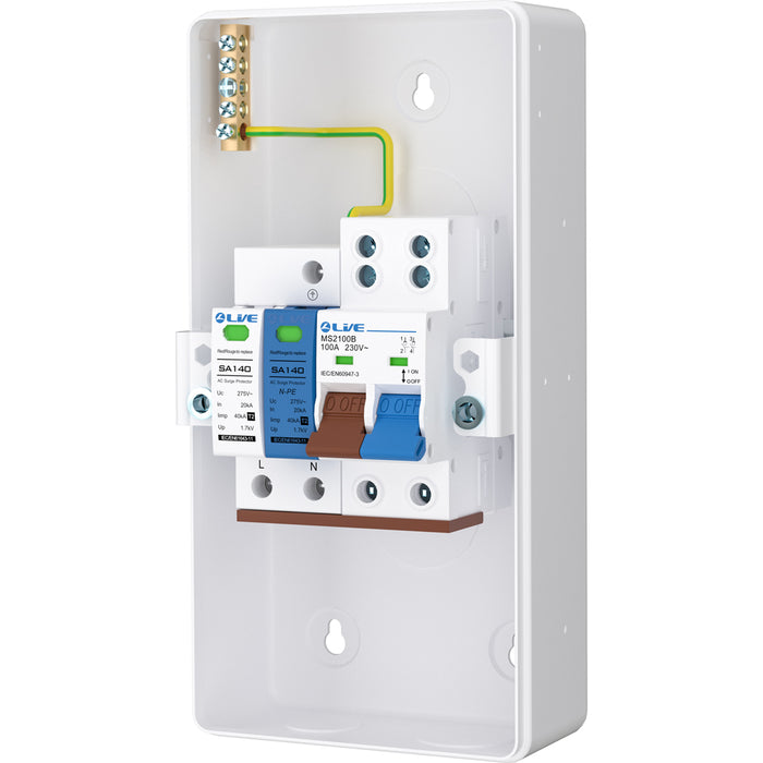 LIVE Electrical EMU4-SP 4 Way IP40 Metal EV Charging Unit with DP 100A Main Switch & 20/40kA 1P+N Surge Protective Device