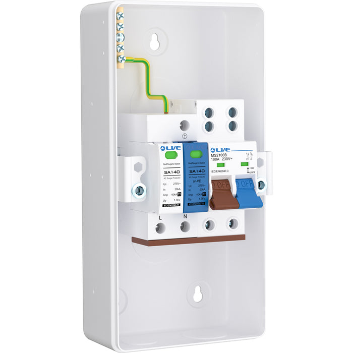 LIVE Electrical EMU4-SP 4 Way IP40 Metal EV Charging Unit with DP 100A Main Switch & 20/40kA 1P+N Surge Protective Device