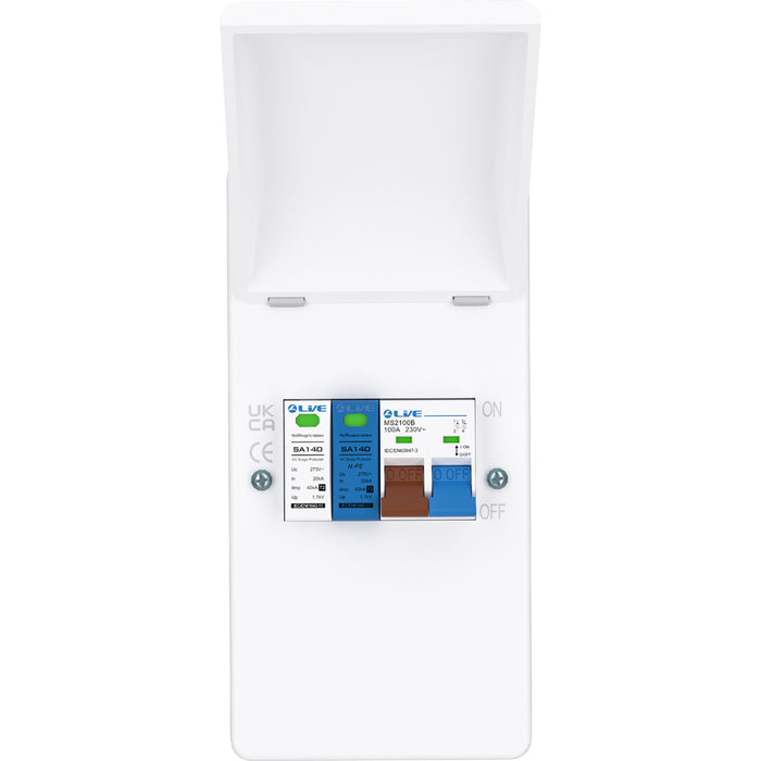 LIVE Electrical EMU4-SP 4 Way IP40 Metal EV Charging Unit with DP 100A Main Switch & 20/40kA 1P+N Surge Protective Device