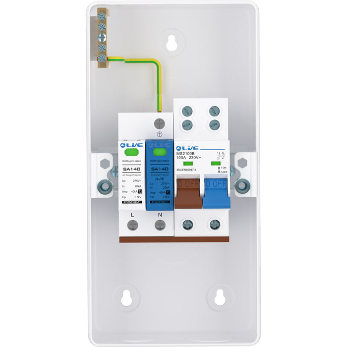 LIVE Electrical EMU4-SP 4 Way IP40 Metal EV Charging Unit with DP 100A Main Switch & 20/40kA 1P+N Surge Protective Device