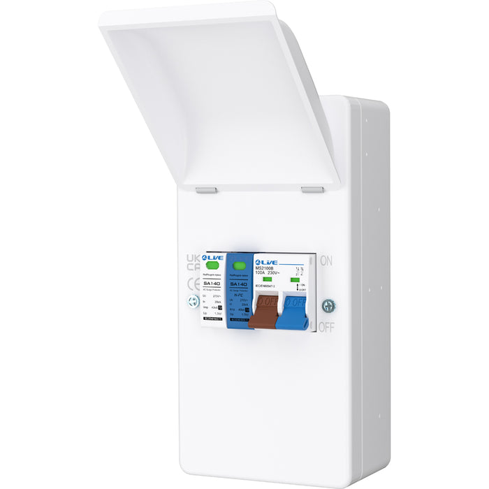 LIVE Electrical EMU4-SP 4 Way IP40 Metal EV Charging Unit with DP 100A Main Switch & 20/40kA 1P+N Surge Protective Device
