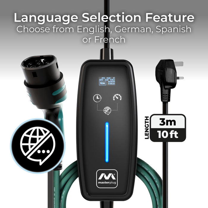 Masterplug EVCM221003 Mode 2 EV Charging Cable 3m 3 Pin UK Plug To Type 2 - westbasedirect.com
