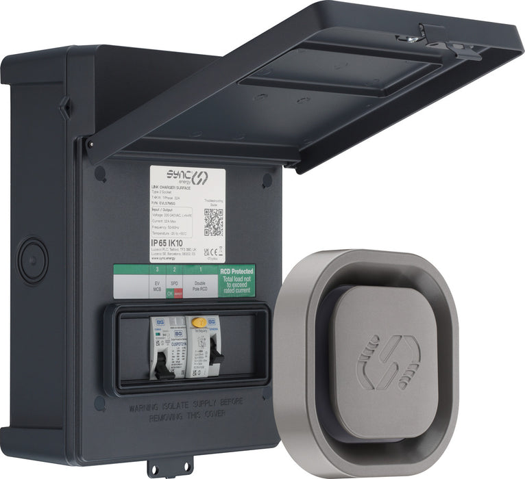 Sync Energy EVL7MS Link EV Charger Surface & Recessed Socket 7.4kW 32A Silver with Metal Control Box & Wi-Fi