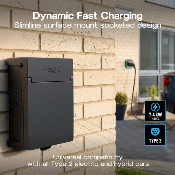 Sync Energy EVL7MS Link EV Charger Surface & Recessed Socket 7.4kW 32A Silver with Metal Control Box & Wi-Fi