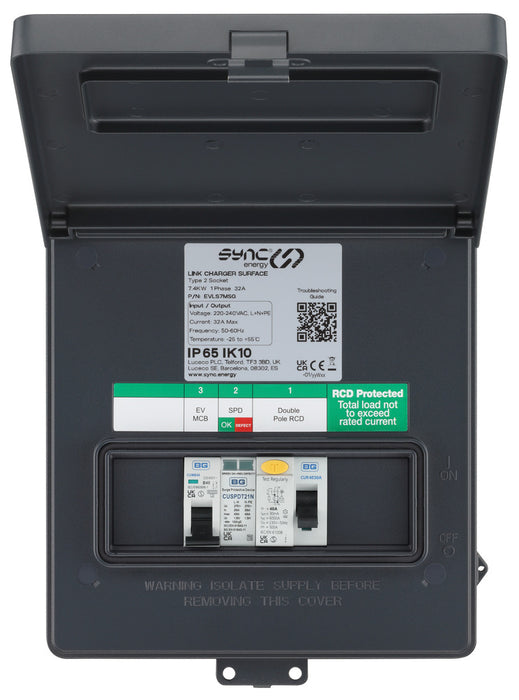 BG Sync Energy EVLR7MS Link EV Charger Recessed Socket 7.4kW 32A Silver with Metal Control Box - Wi-Fi + LAN - westbasedirect.com