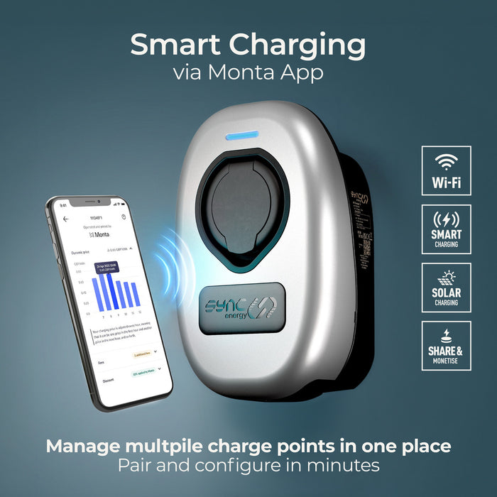 Sync Energy EVWC2S22GGR EV Wall Charger 22kW Three Phase Type 2 Socketed Wi-Fi/LAN/4G/RFID - Black - westbasedirect.com